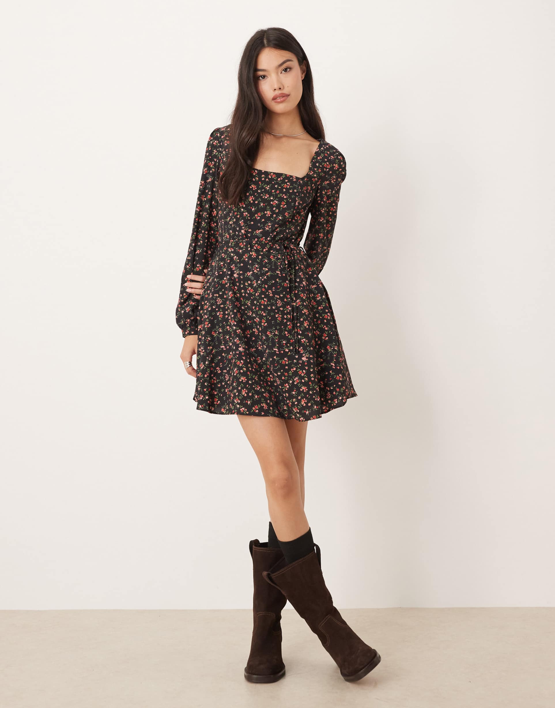 glamorous long sleeve square neck mini dress in red black floral