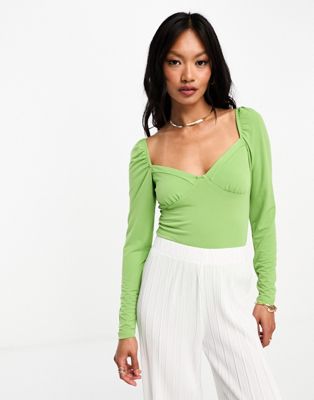 Glamorous long sleeve sweetheart neck bodysuit in green - ASOS Price Checker