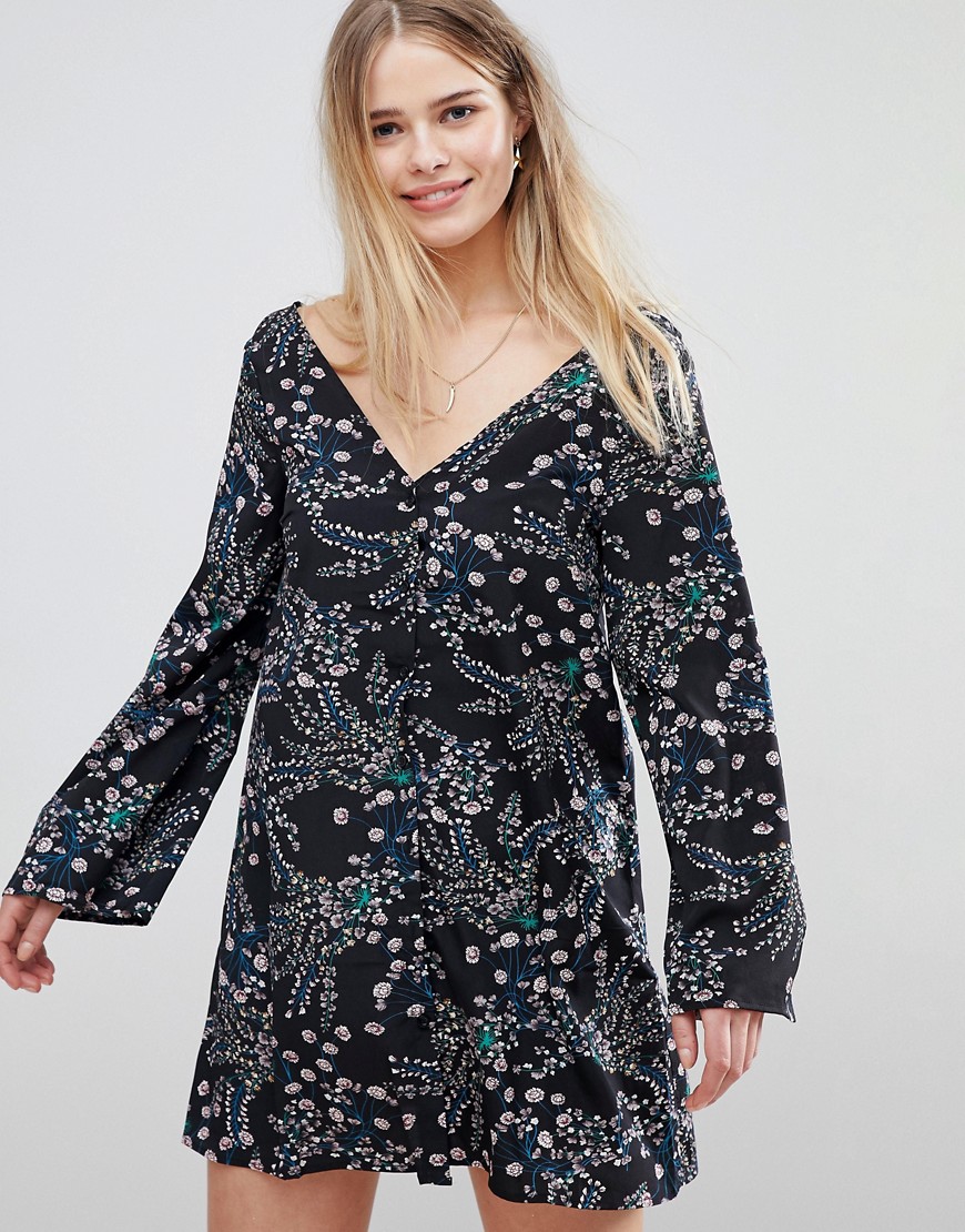 Glamorous Long Sleeve Tea Dress With Button Front In Grunge Floral-Black