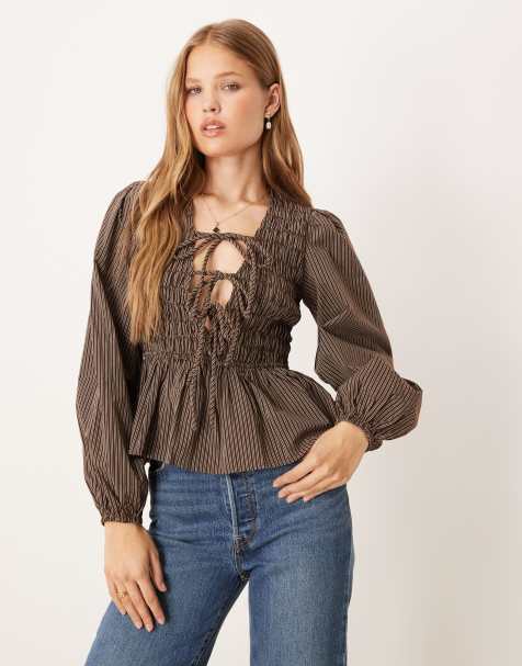 Glamorous long sleeve tie front shirred blouse in brown stripe - view 1