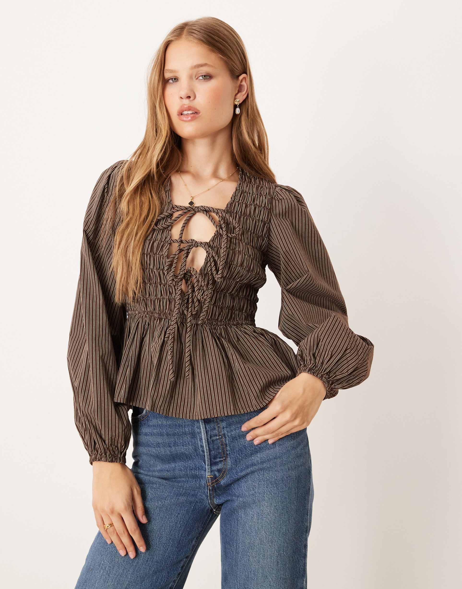 glamorous long sleeve tie front shirred blouse in brown stripes