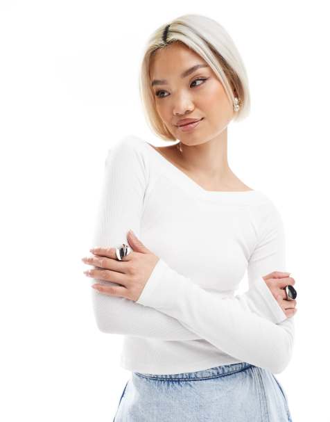 Glamorous Long sleeve v-neck top in white rib - view 1