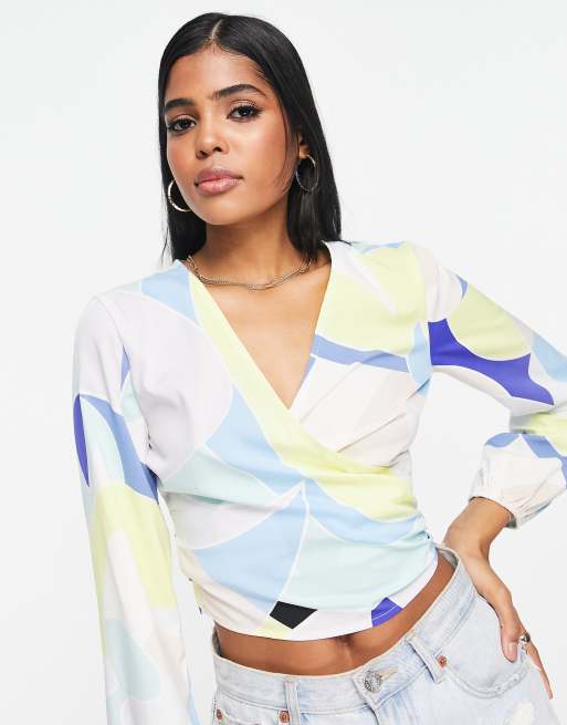 Glamorous long sleeve wrap blouse in retro abstract print