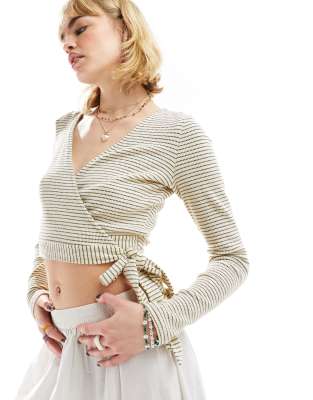 Glamorous Long Sleeve Wrap Cardigan In Stretch Cream Stripe-white