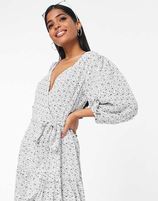 Glamorous long sleeve wrap midi dress in black daisy, 3 of 4