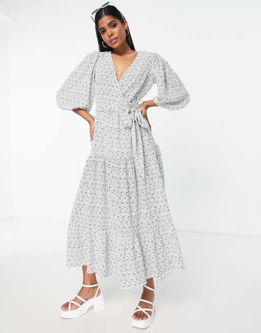 Glamorous long sleeve wrap midi dress in black white daisy | ASOS