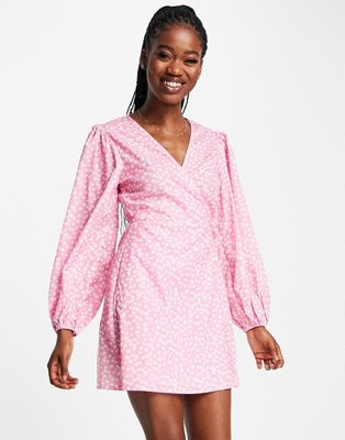 Glamorous long sleeve wrap mini dress in pink ditsy floral-Multi