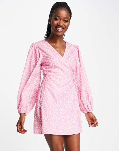 Glamorous long sleeve wrap mini dress in pink ditsy floral - view 1