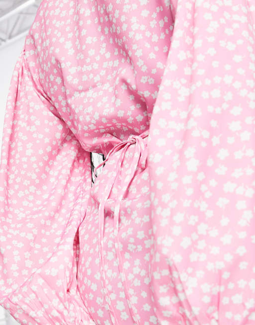 Glamorous long sleeve wrap mini dress in pink ditsy floral, 2 of 4