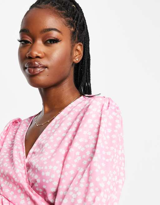 Glamorous long sleeve wrap mini dress in pink ditsy floral, 3 of 4