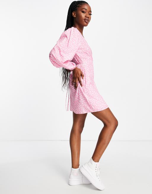 Glamorous long sleeve wrap mini dress in pink ditsy floral, 4 of 4