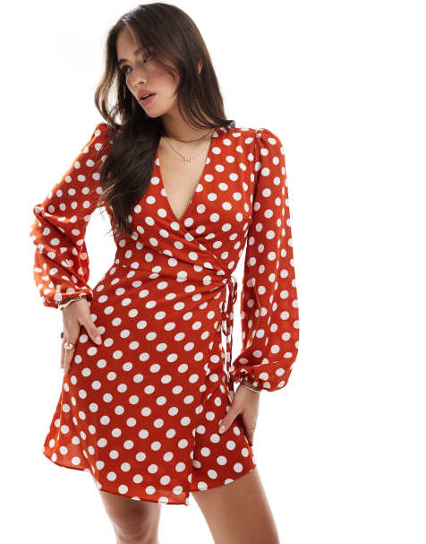 Glamorous long sleeve wrap mini dress in rust white polka