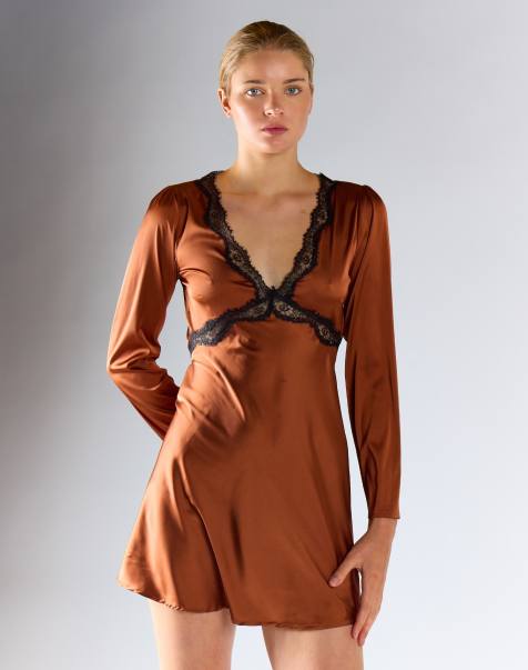 Glamorous Long-sleeves lace trim mini dress in copper satin - view 1