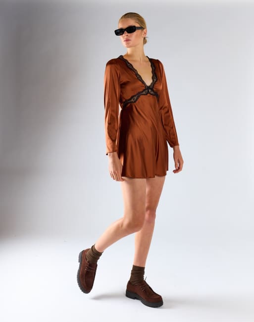 Glamorous Long-sleeves lace trim mini dress in copper satin, 2 of 4