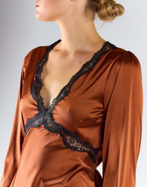 Glamorous Long-sleeves lace trim mini dress in copper satin, 3 of 4