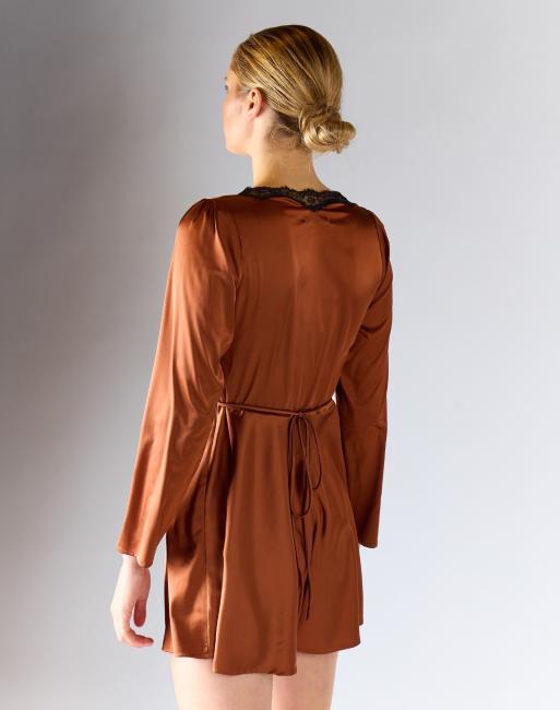 Glamorous Long-sleeves lace trim mini dress in copper satin, 4 of 4