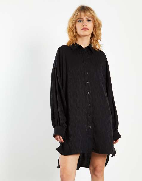Glamorous Long-Sleeves-Mini-Shirt-Dresses in black satin jacquard - view 1