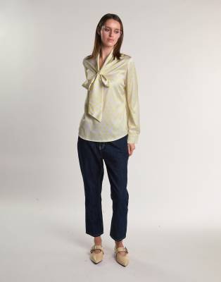 Glamorous Long sleeves tie front tops in yellow polka dot-Multi