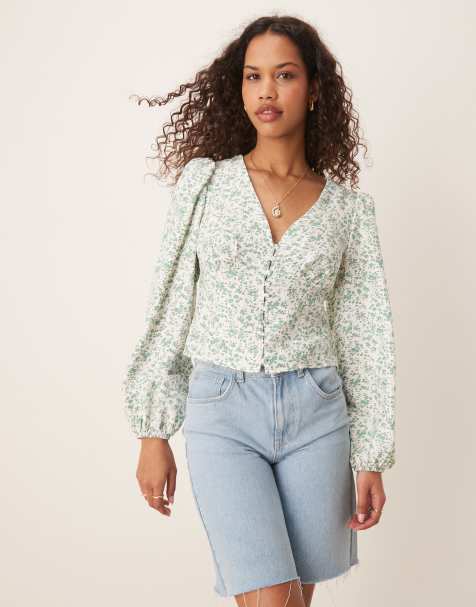 Glamorous Long sleeves tops in green ditsy - view 1