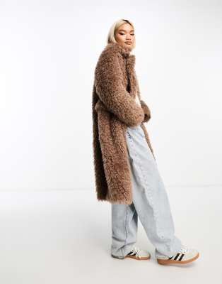 Glamorous Longline Brushed Fluffy Coat In Walnut-brown | ModeSens