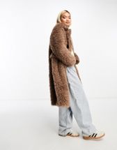 ASOS DESIGN fleece coat with contrast stitching in camel