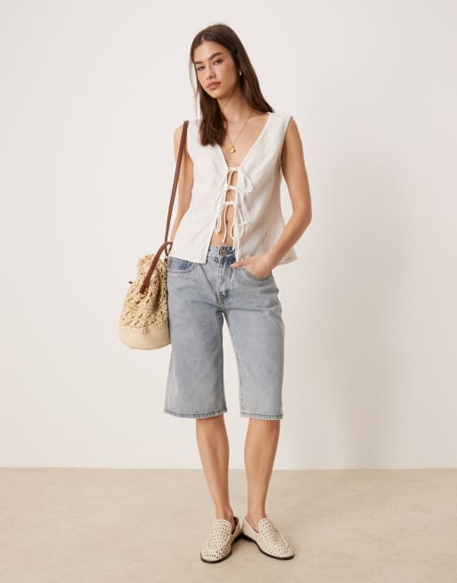 Glamorous longline denim shorts in dirty vintage blue