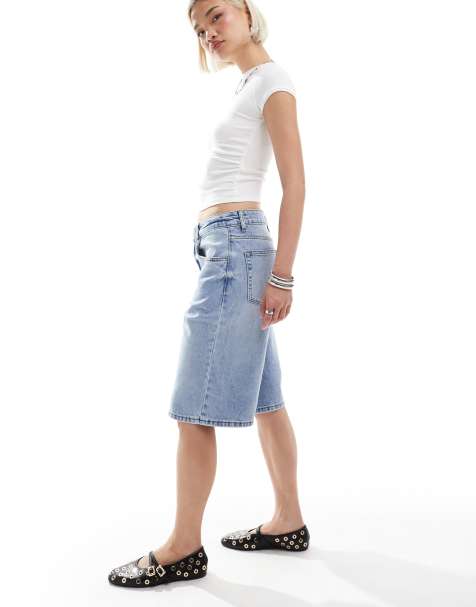Glamorous longline denim shorts in vintage blue