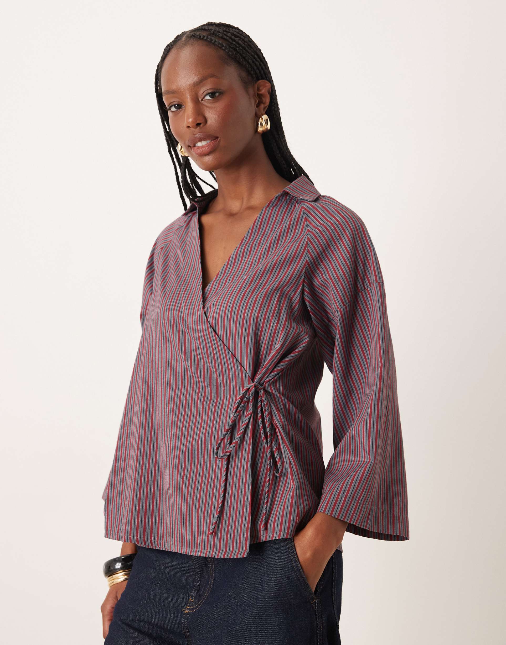 glamorous loose fit tie front poplin shirt in red gray stripe