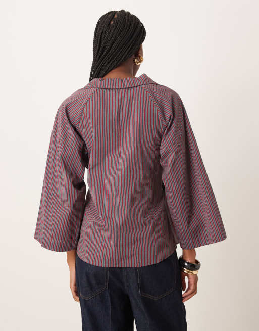 Glamorous loose fit tie front poplin shirt in red gray stripe, 3 of 4