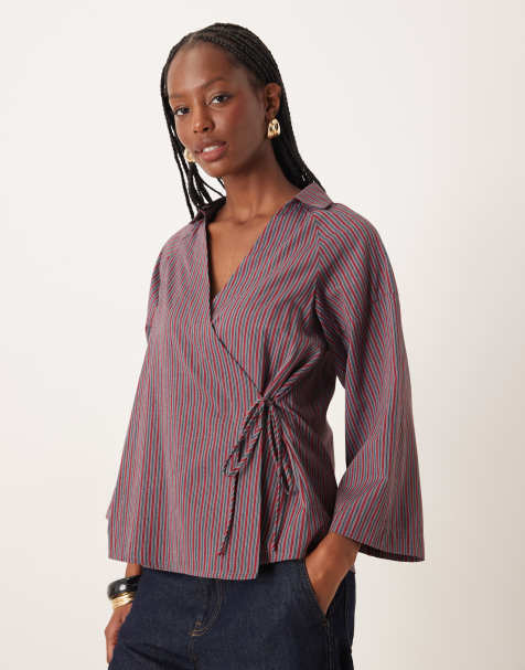 Glamorous loose fit tie front poplin shirt in red grey stripe - view 1