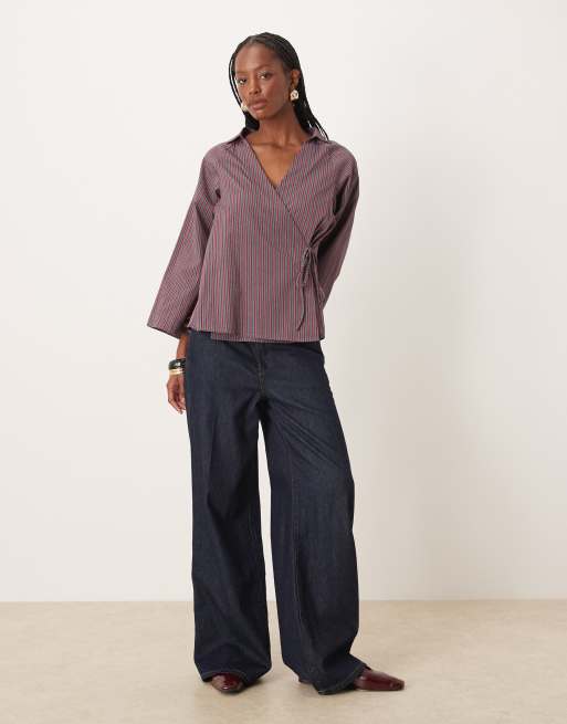 Glamorous loose fit tie front poplin shirt in red grey stripe, 2 of 4