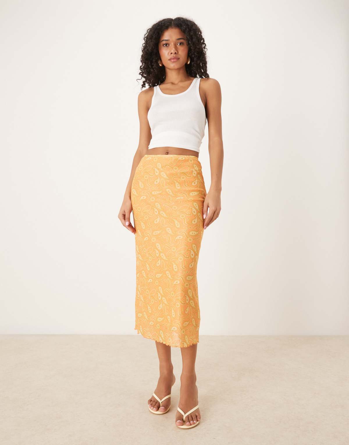Glamorous Low rise midi skirt in orange olive paisley mesh