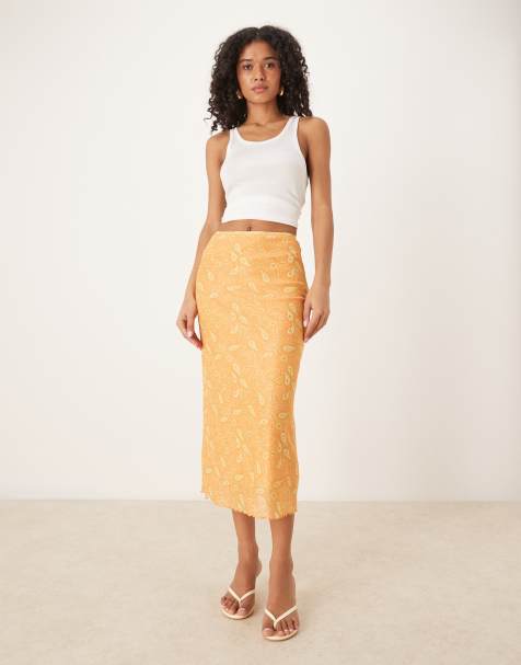Glamorous Low rise midi skirt in orange olive paisley mesh