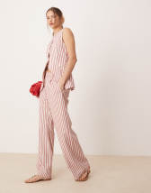 ASOS DESIGN straight leg seersucker pants in khaki stripe - part of a set