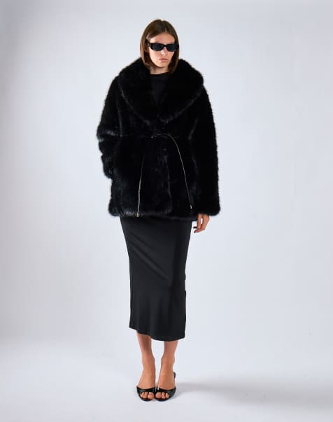 Glamorous Luxe faux fur belted coat in black - view 1
