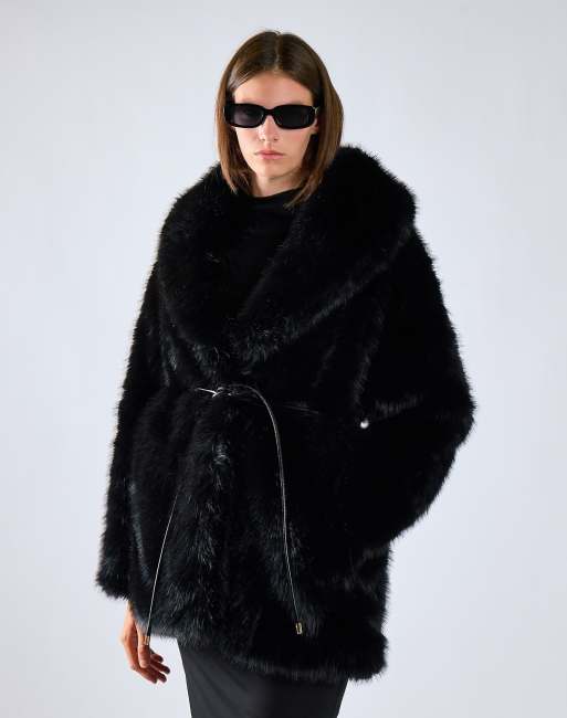 Glamorous Luxe faux fur belted coat in black, 3 of 4