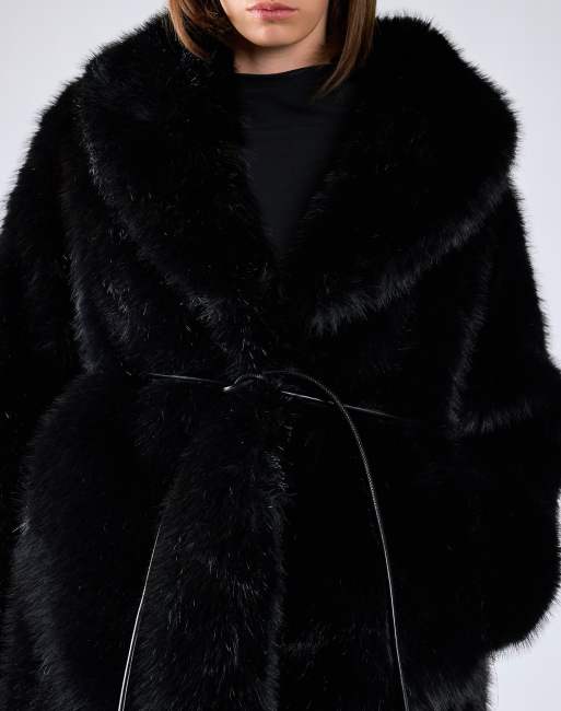 Glamorous Luxe faux fur belted coat in black, 4 of 4