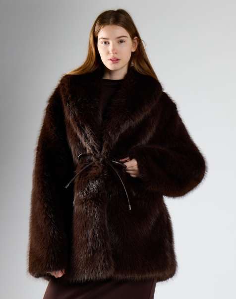 Glamorous Luxe faux fur belted coat in deep brown fur - view 1