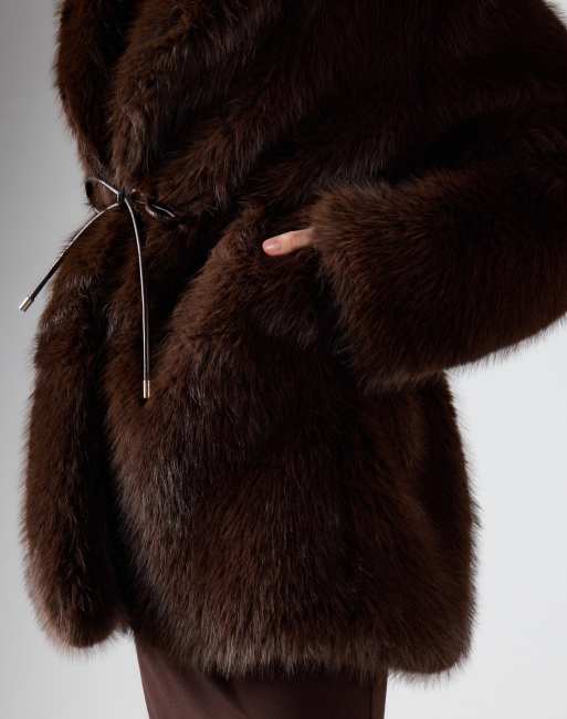 Glamorous Luxe faux fur belted coat in deep brown fur, 2 of 4