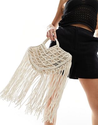 Glamorous macrame clutch bag with fringing in natural