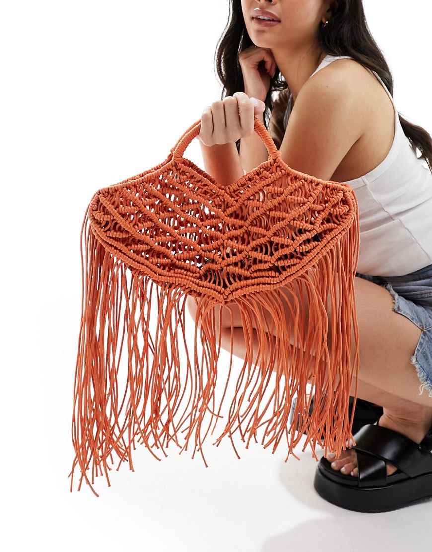 Glamorous macrame clutch bag with fringing in orange