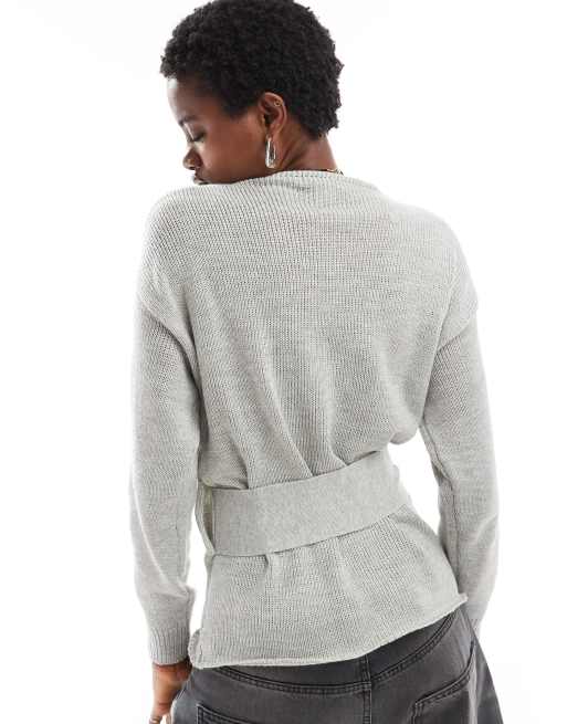 Glamorous - Maglione lavorato color grigio mélange allacciato sul davanti, 4 di 4