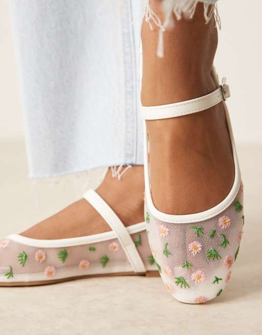 Glamorous - Mary Jane ballerina's van mesh met bloemenborduurwerk in wit, 3 van 4