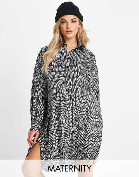 Glamorous Maternity – Czarno-biała luźna sukienka koszulowa oversize w geometryczny wzór - view 1