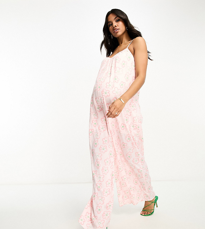 Glamorous Maternity lace back strappy smock jumpsuit in pink floral