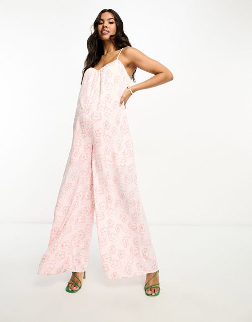 Glamorous Maternity lace back strappy smock jumpsuit in pink floral