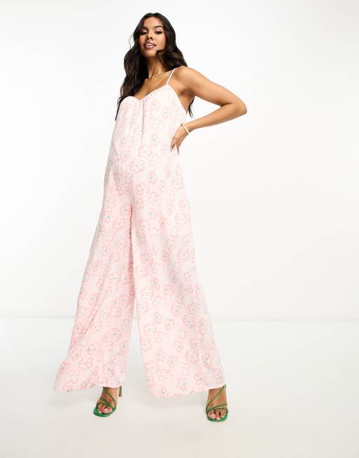 Glamorous lace back strappy smock jumpsuit in pink floral