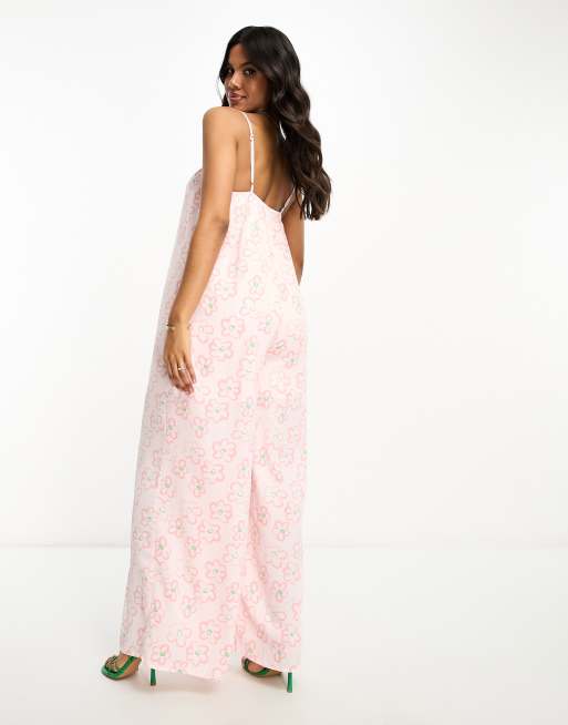 Glamorous Maternity lace back strappy smock jumpsuit in pink floral