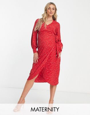 Glamorous Maternity long sleeve fitted midi wrap dress in multi red ditsy