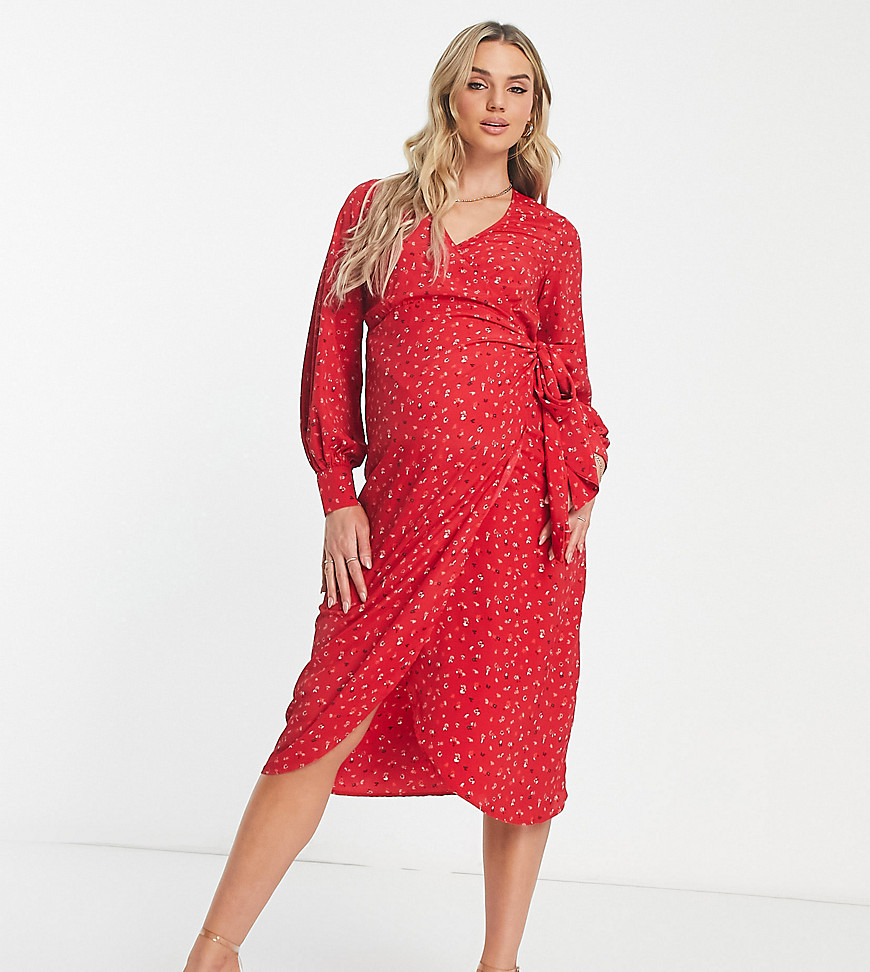 Glamorous Maternity long sleeve fitted midi wrap dress in multi red ditsy